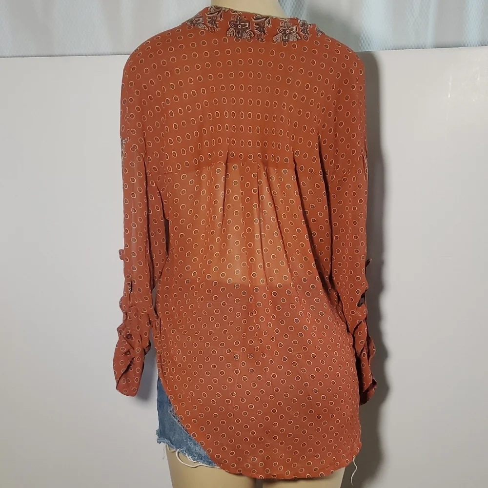 Free People Easy Rider Sheer Blouse Size M Burnt Orange Pockets